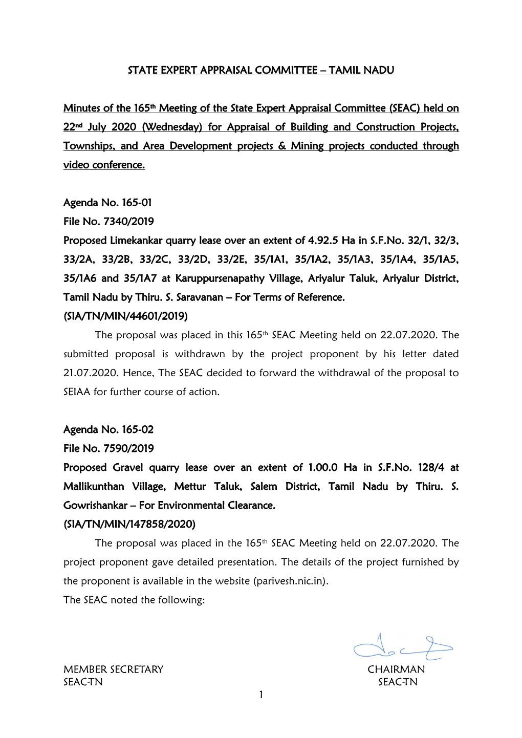 TAMIL NADU Minutes of the 165Th Meetin