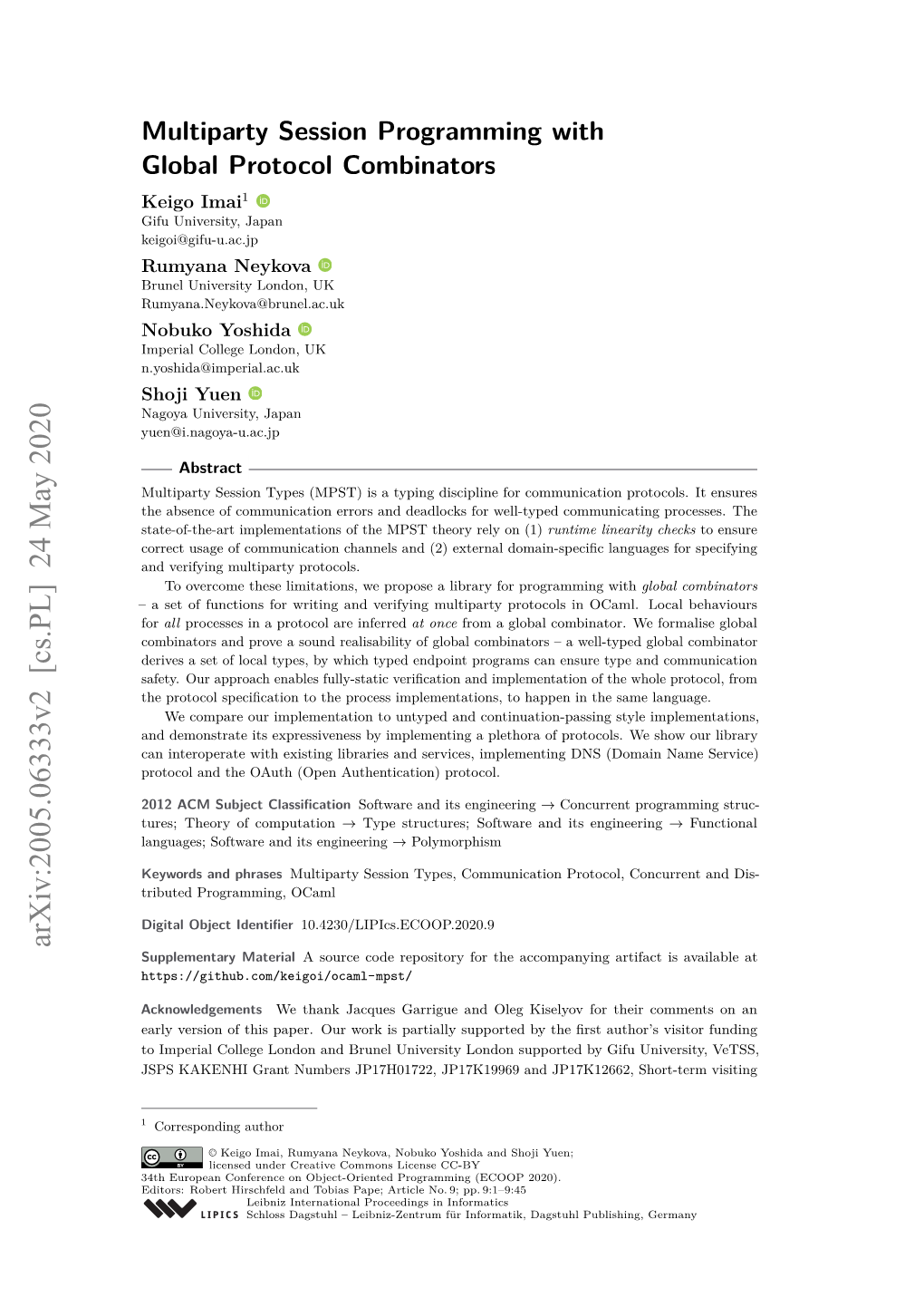 Multiparty Session Programming with Global Protocol Combinators