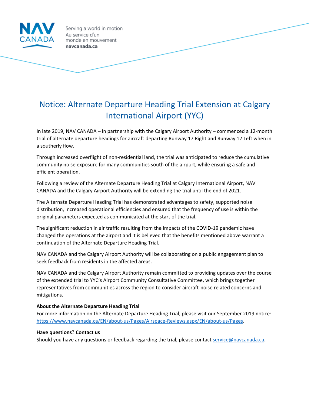 Notice: Alternate Departure Heading Trial Extension at Calgary International Airport (YYC)