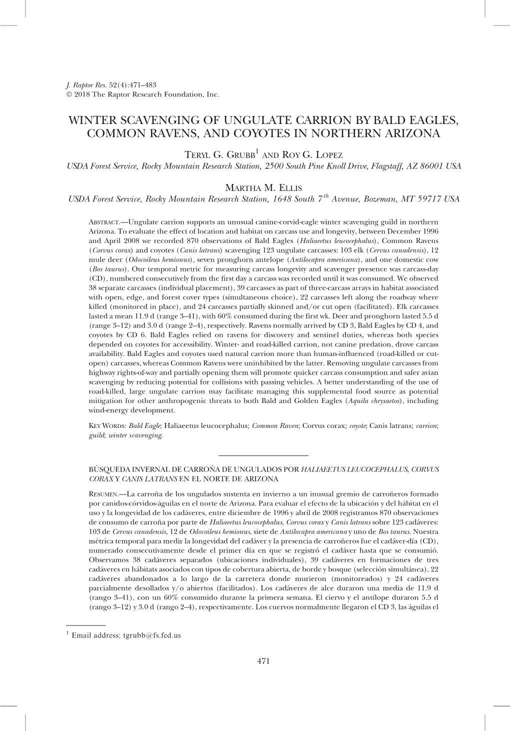 Winter Scavenging of Ungulate Carrion by Bald Eagles, Common Ravens, and Coyotes in Northern Arizona