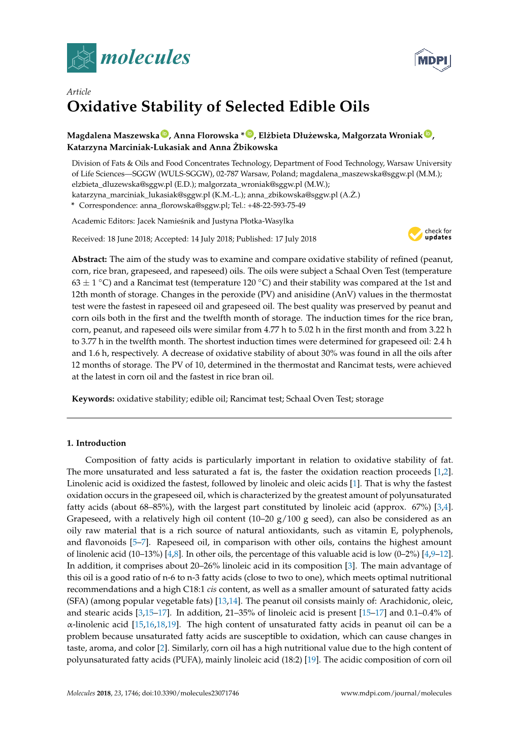 Oxidative Stability of Selected Edible Oils