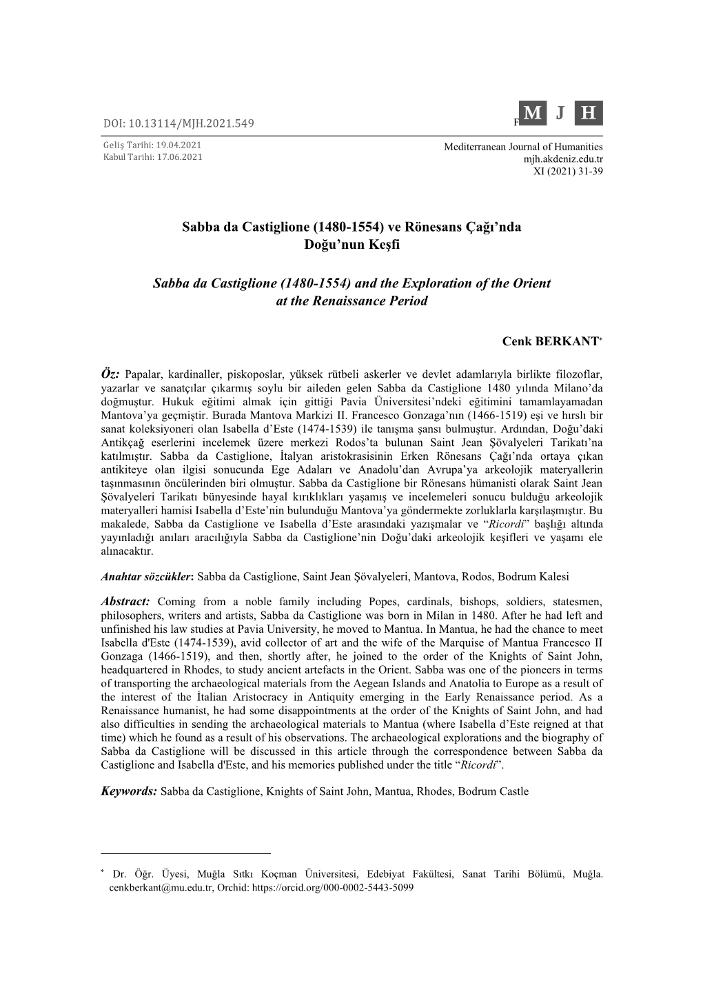 Sabba Da Castiglione (1480-1554) Ve Rönesans Çağı’Nda Doğu’Nun Keşfi