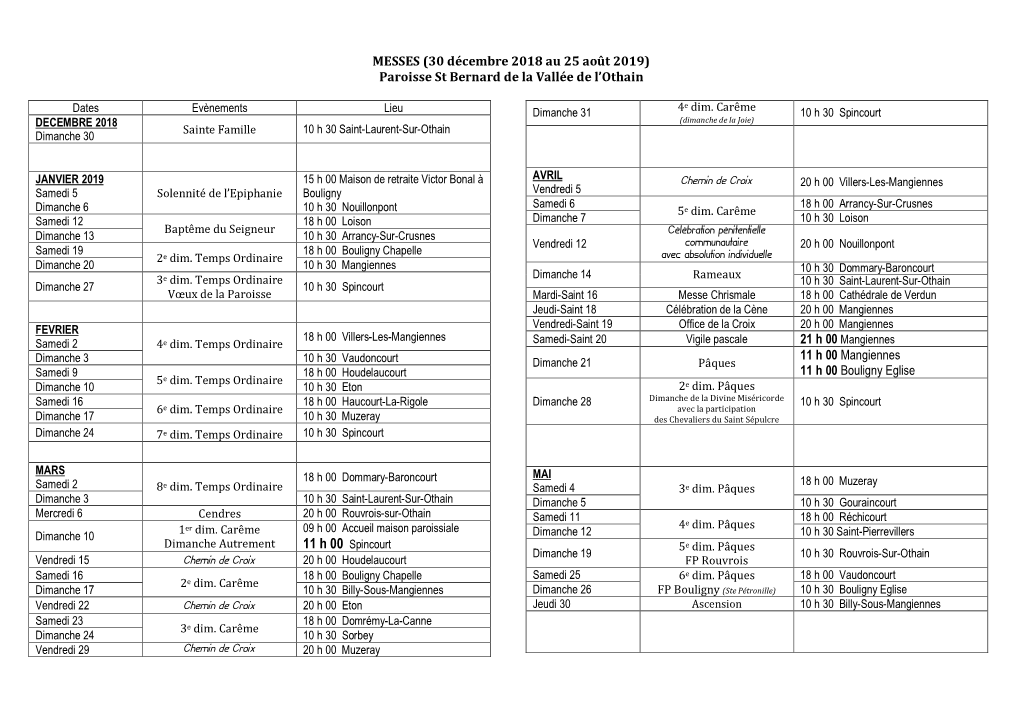 MESSES (30 Décembre 2018 Au 25 Août 2019) Paroisse St Bernard De La Vallée De L’Othain