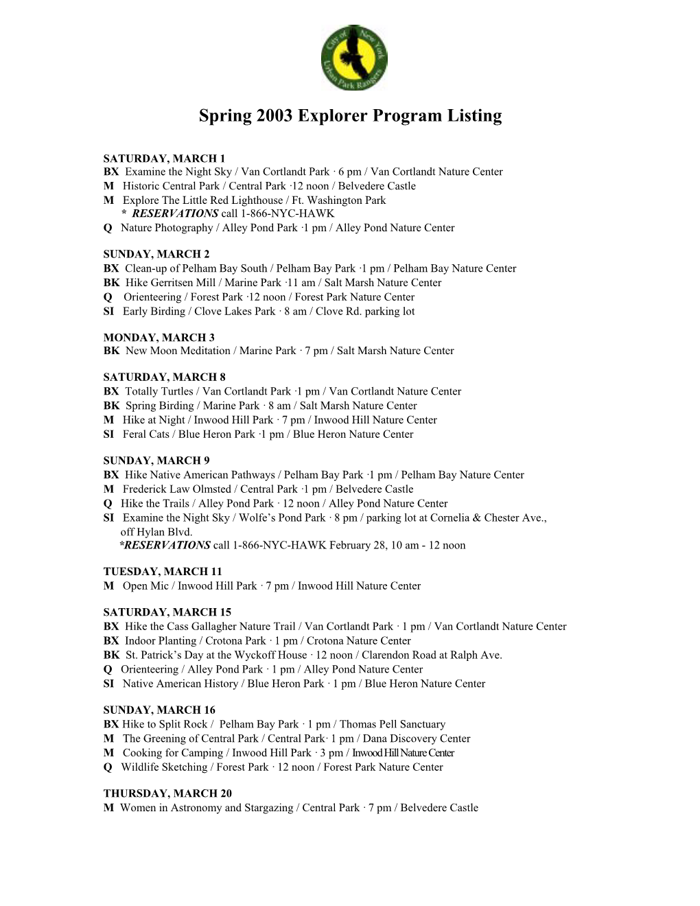 Spring 2003 Explorer Program Listing