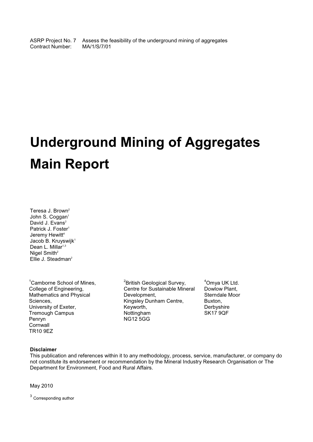 Underground Mining of Aggregates Main Report