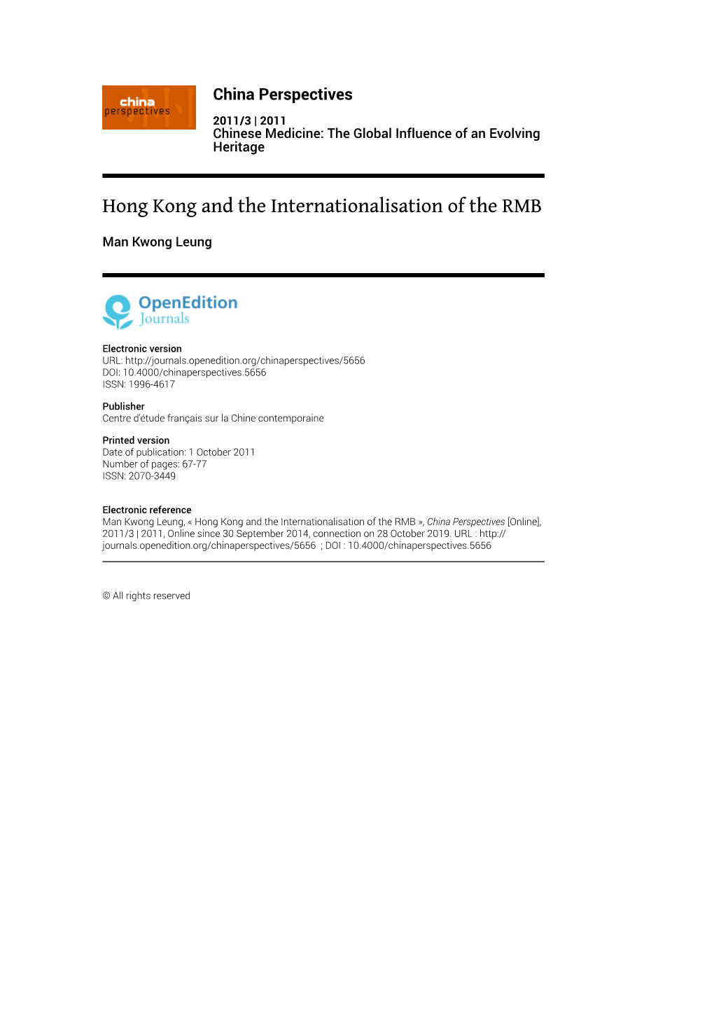 Hong Kong and the Internationalisation of the RMB