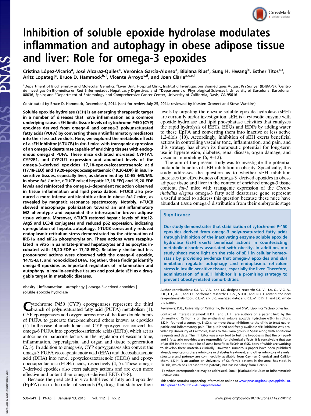 Inhibition of Soluble Epoxide Hydrolase Modulates Inflammation and Autophagy in Obese Adipose Tissue and Liver: Role for Omega-3 Epoxides