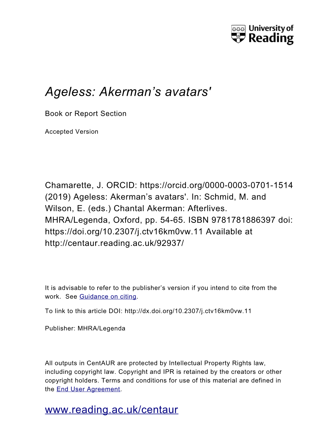 Ageless-Akerman's Avatars Jenny Chamarette Accepted Version