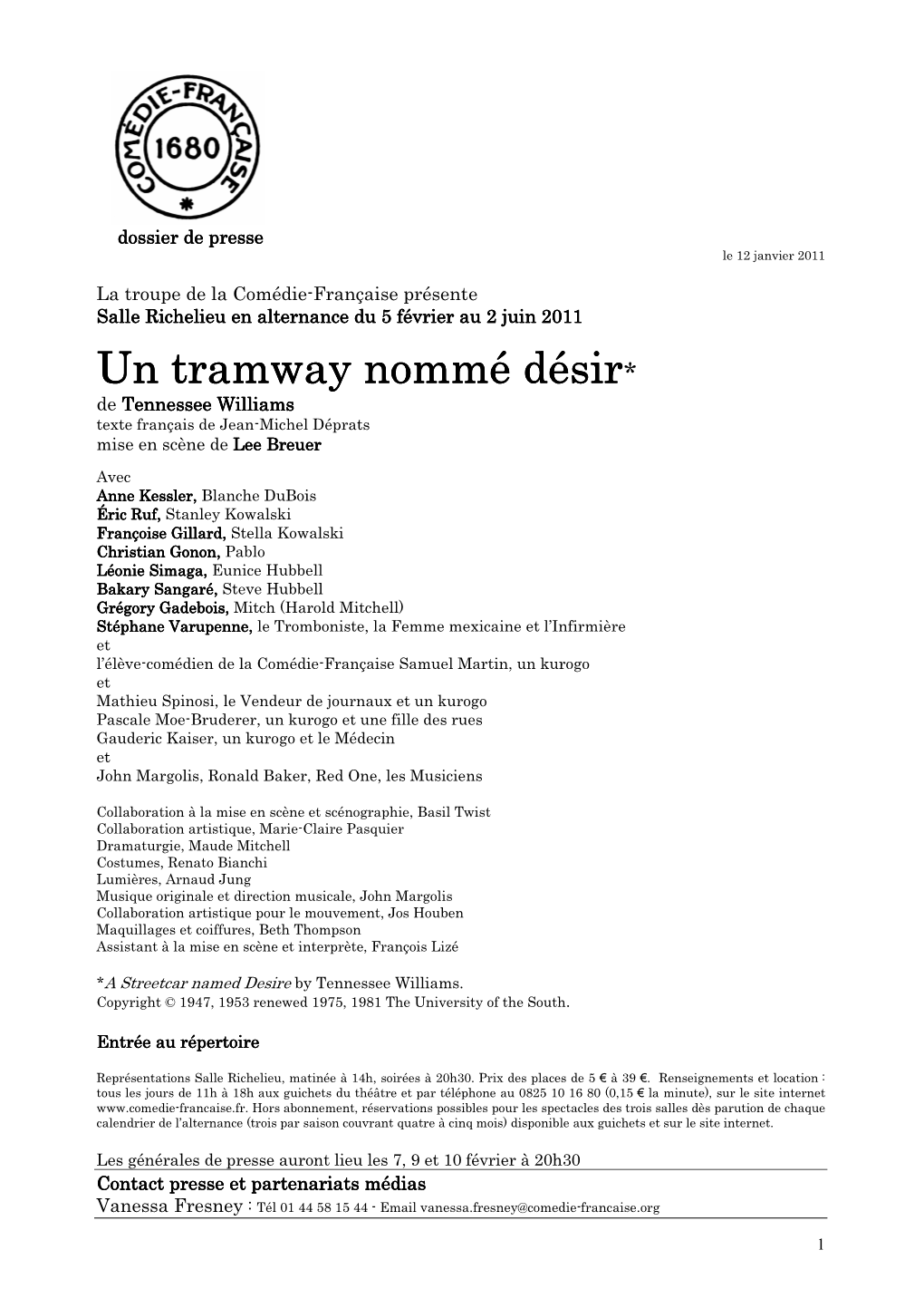 Dossier De Presse Un Tramway Nommé Désir