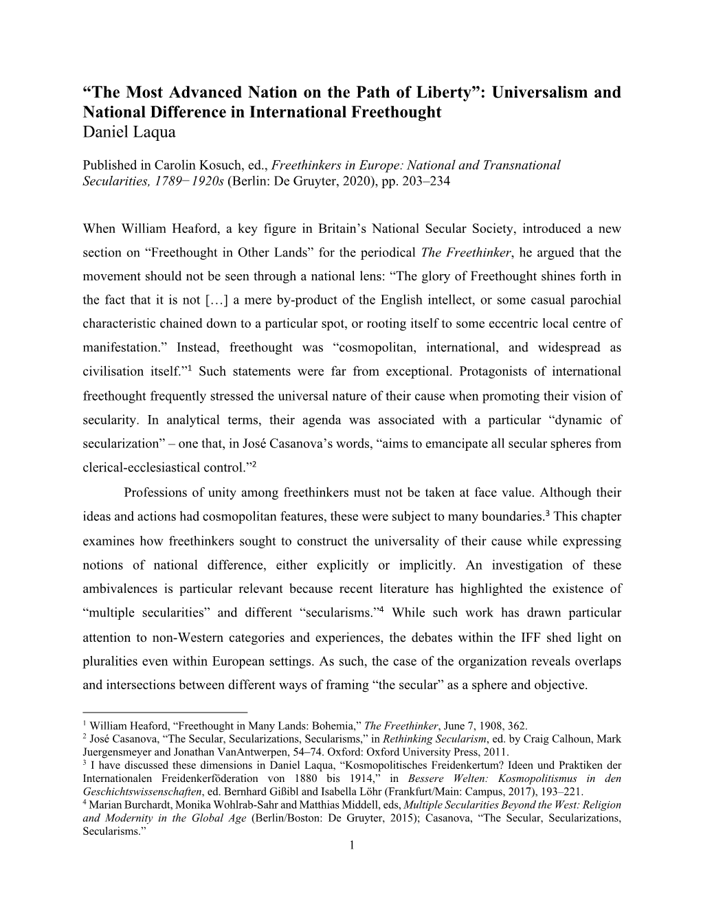 Universalism and National Difference in International Freethought Daniel Laqua