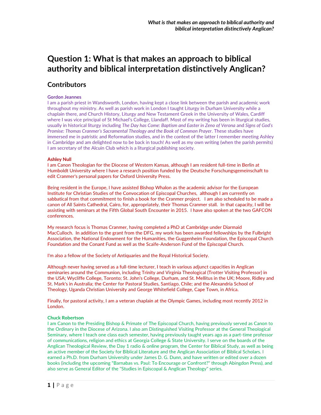 Question 1: What Is That Makes an Approach to Biblical Authority and Biblical Interpretation Distinctively Anglican?