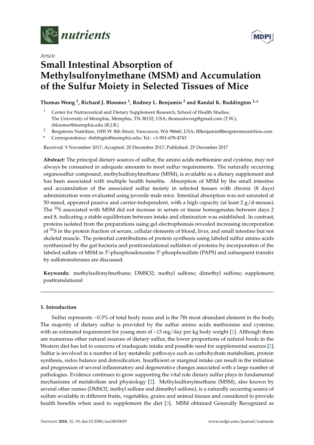 MSM) and Accumulation of the Sulfur Moiety in Selected Tissues of Mice