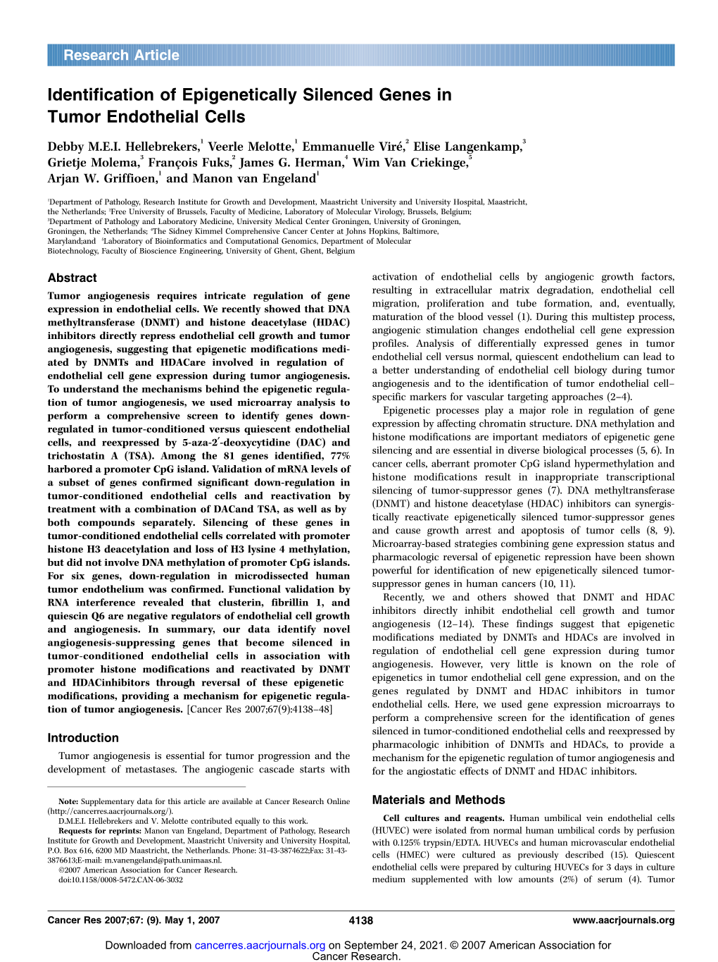 Identification of Epigenetically Silenced Genes in Tumor Endothelial Cells