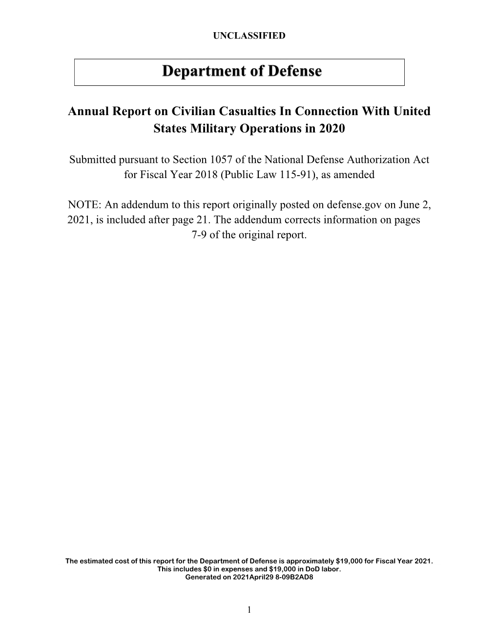 Annual Report on Civilian Casualties in Connection with United States Military Operations in 2020