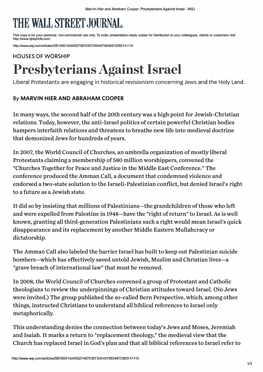 Presbyterians Against Israel - WSJ the WALLSTREET JOURNAL