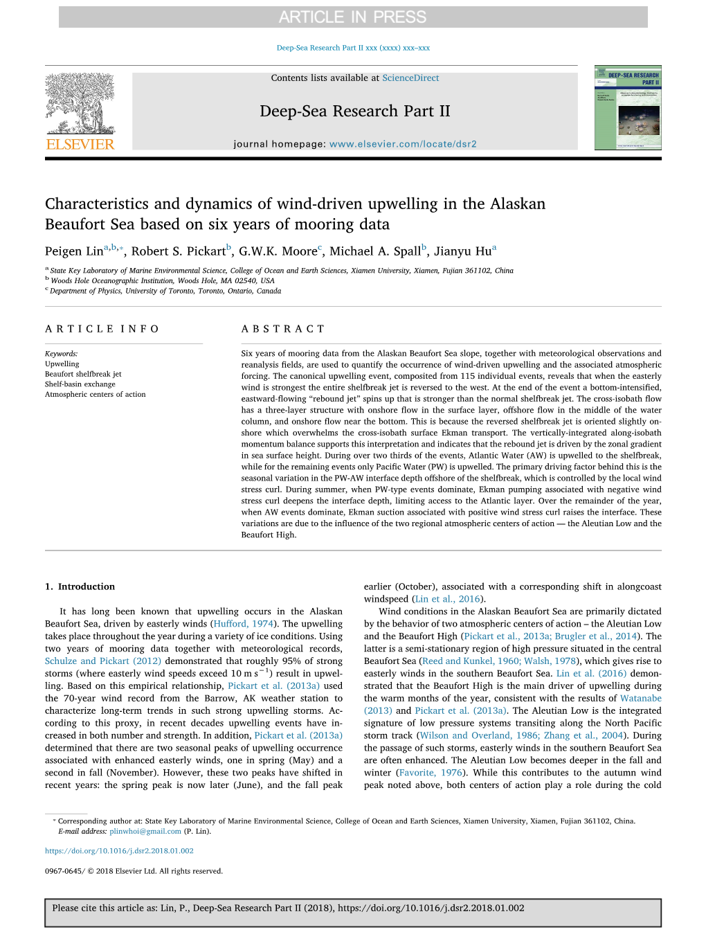 Characteristics and Dynamics of Wind-Driven Upwelling in the Alaskan Beaufort Sea Based on Six Years of Mooring Data ⁎ Peigen Lina,B, , Robert S