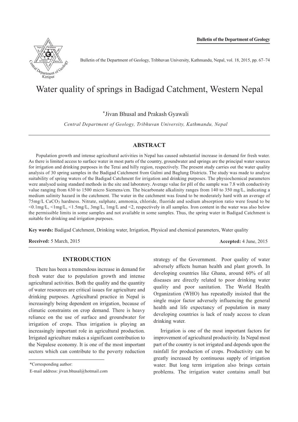 Water Quality of Springs in Badigad Catchment, Western Nepal