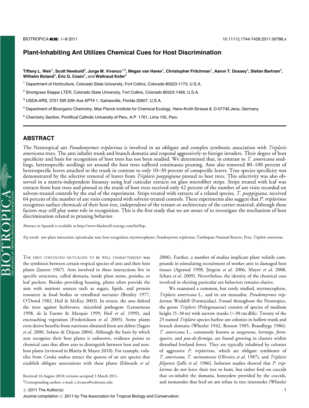 Plant-Inhabiting Ant Utilizes Chemical Cues for Host Discrimination