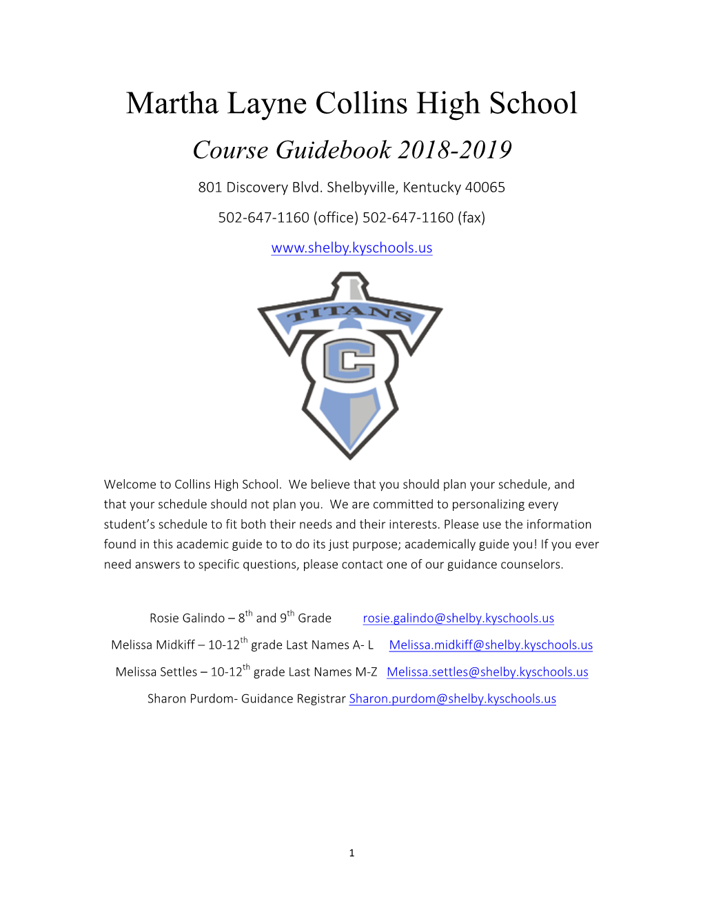 Martha Layne Collins High School Course Guidebook 2018-2019