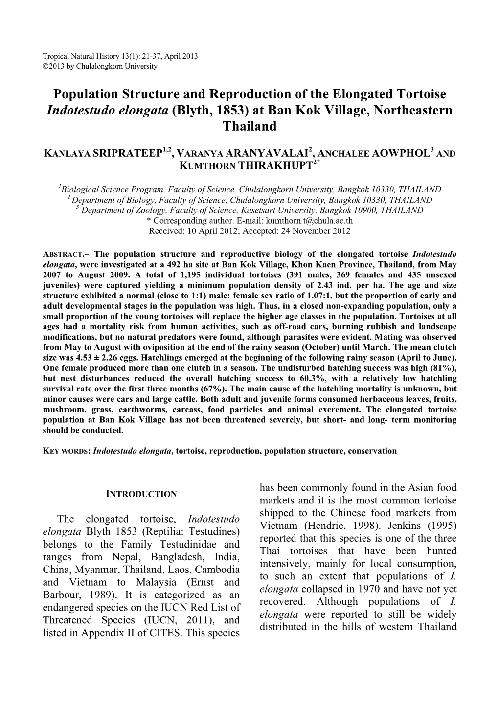 Population Structure and Reproduction of the Elongated Tortoise Indotestudo Elongata (Blyth, 1853) at Ban Kok Village, Northeastern Thailand