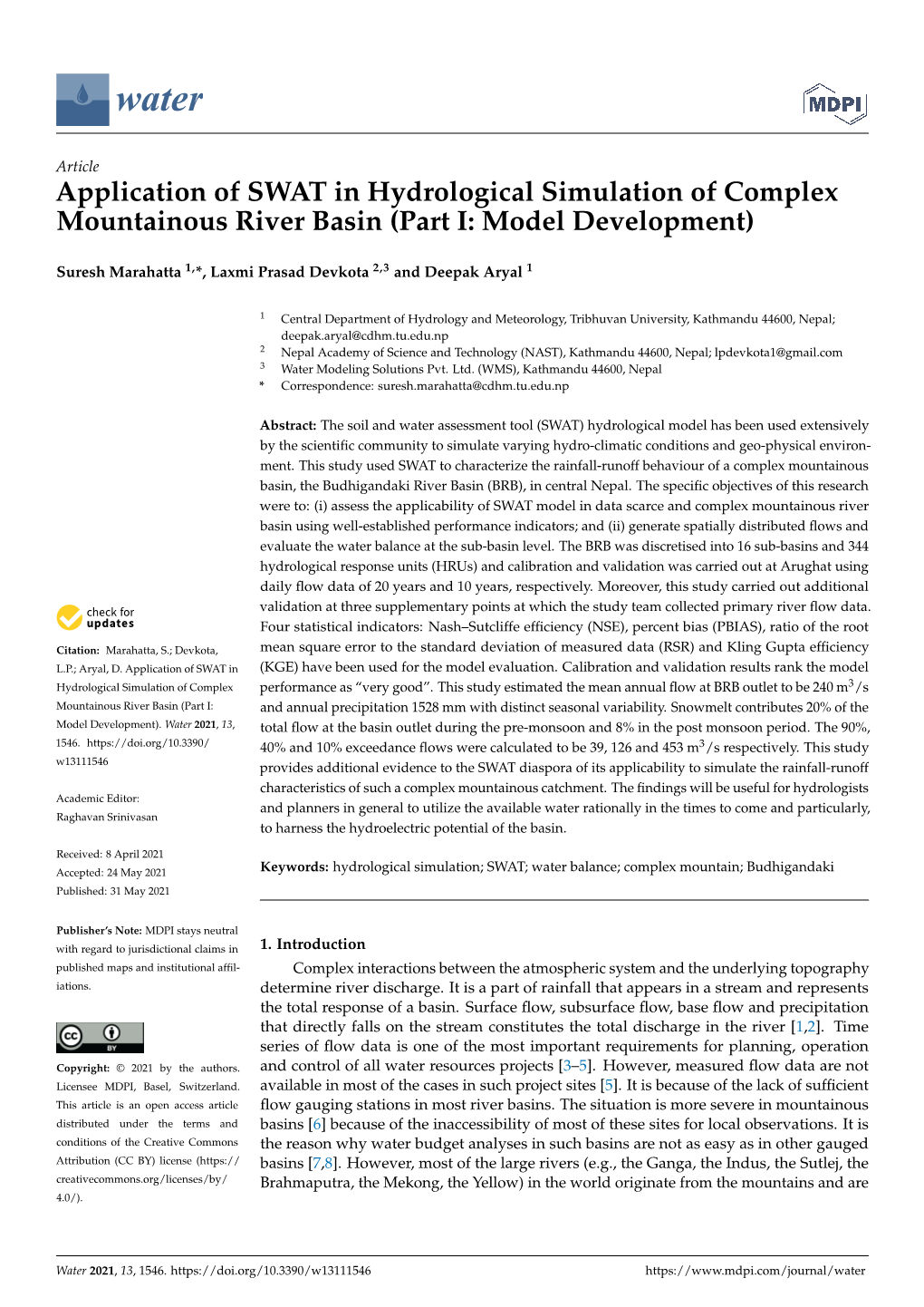 Application of SWAT in Hydrological Simulation of Complex Mountainous River Basin (Part I: Model Development)