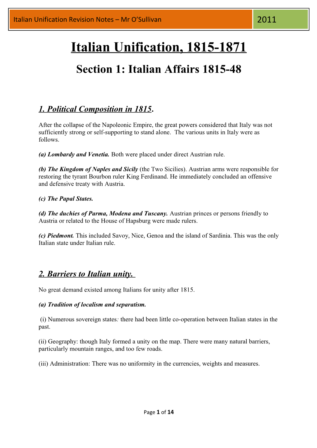 Italian Unification Revision Notes – Mr O’Sullivan