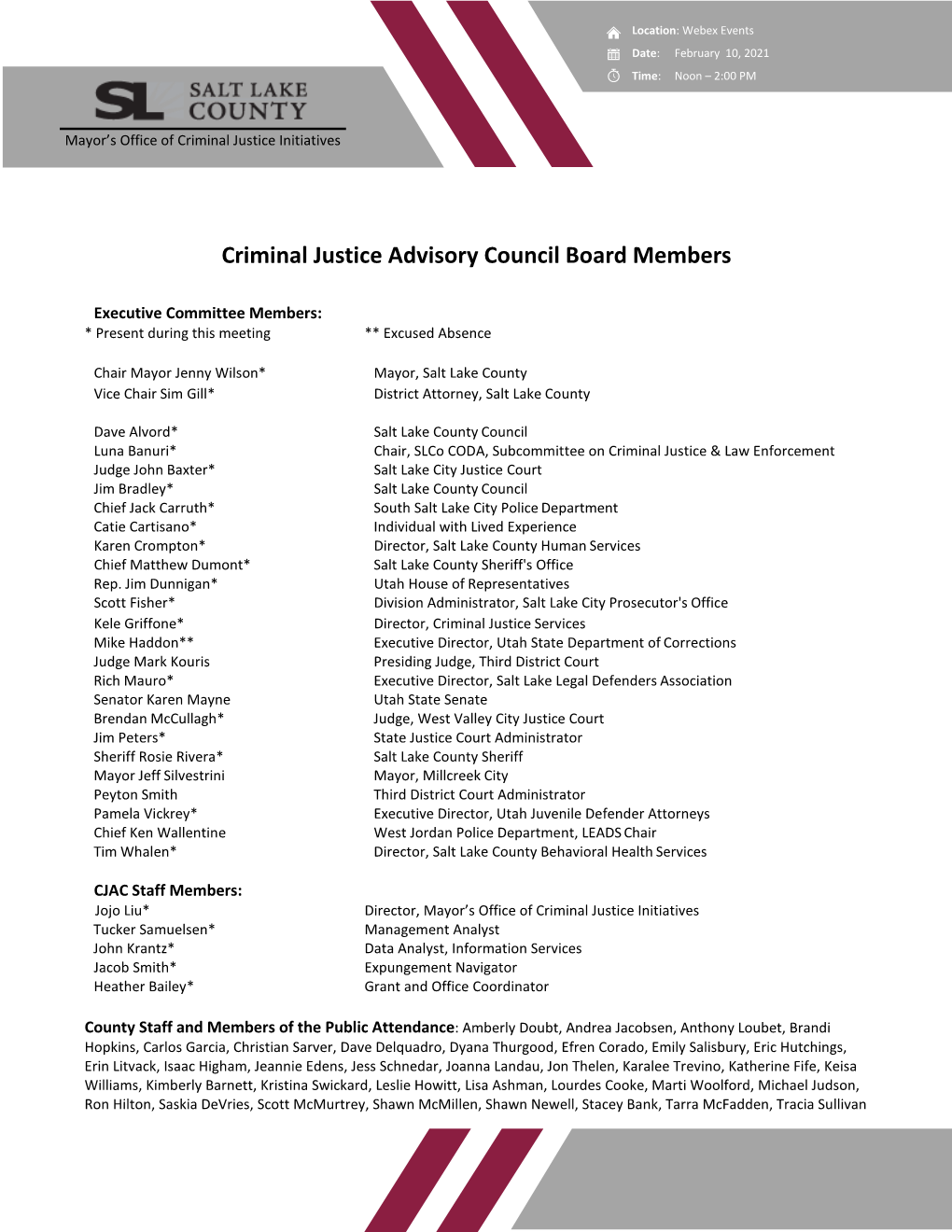 Criminal Justice Advisory Council Board Members
