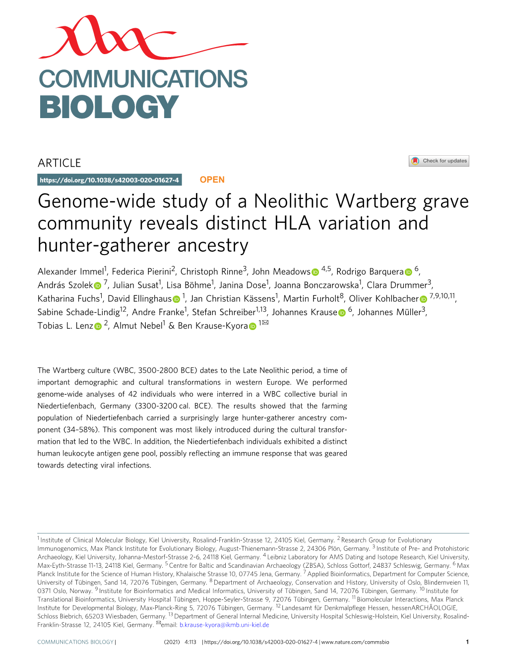 Genome-Wide Study of a Neolithic Wartberg Grave Community Reveals Distinct HLA Variation and Hunter-Gatherer Ancestry