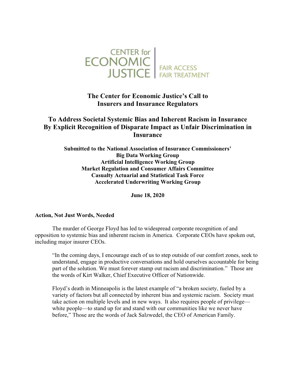 The Center for Economic Justice's Call to Insurers and Insurance