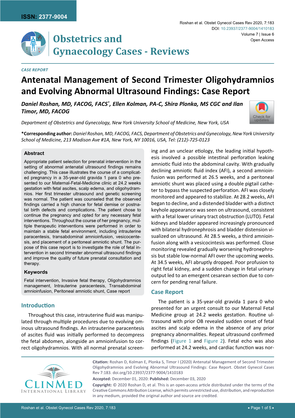 Antenatal Management of Second Trimester Oligohydramnios And