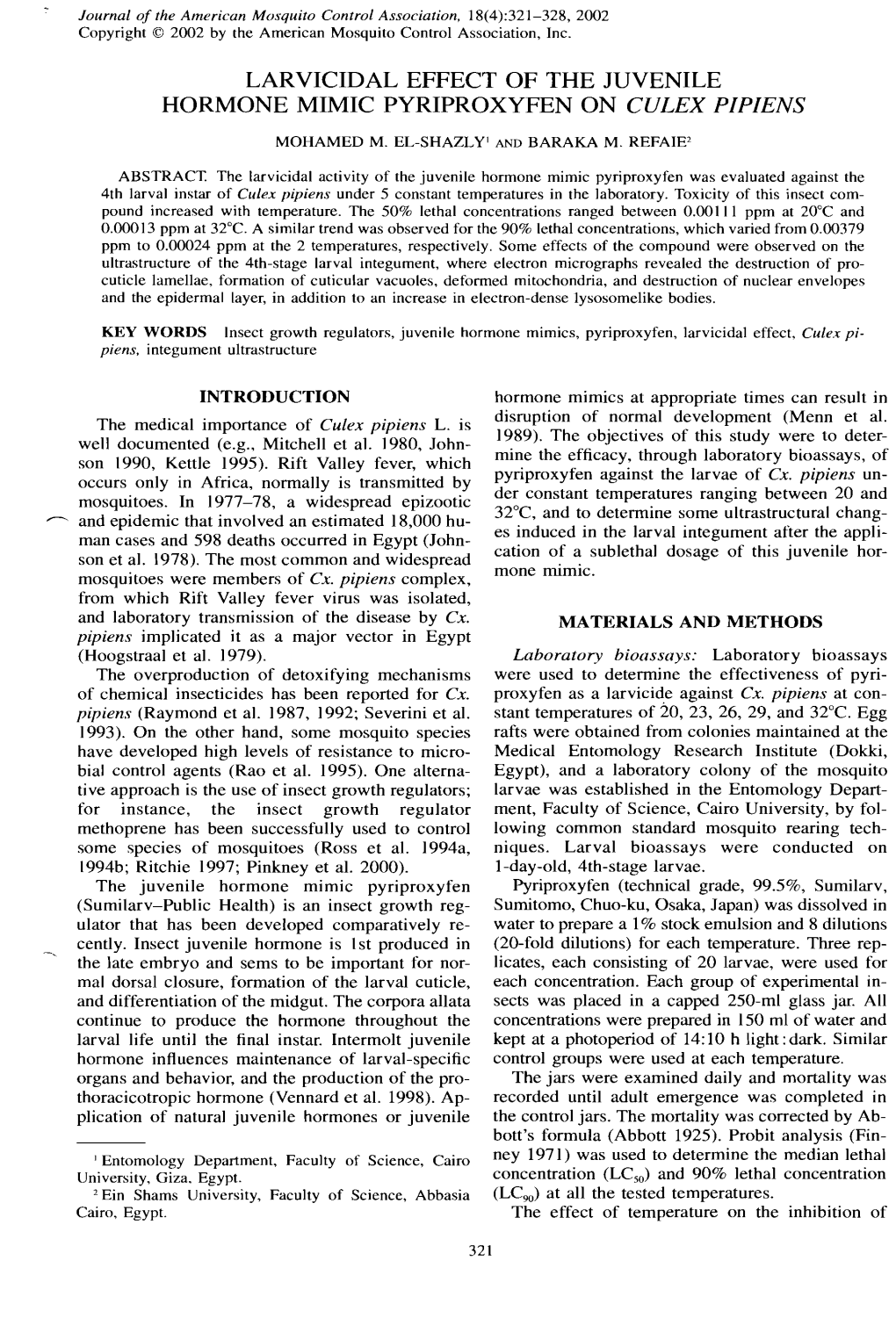 Larvicidal Effect of the Juvenile Hormone Mimic Pyriproxyfen on Culex Pipiens