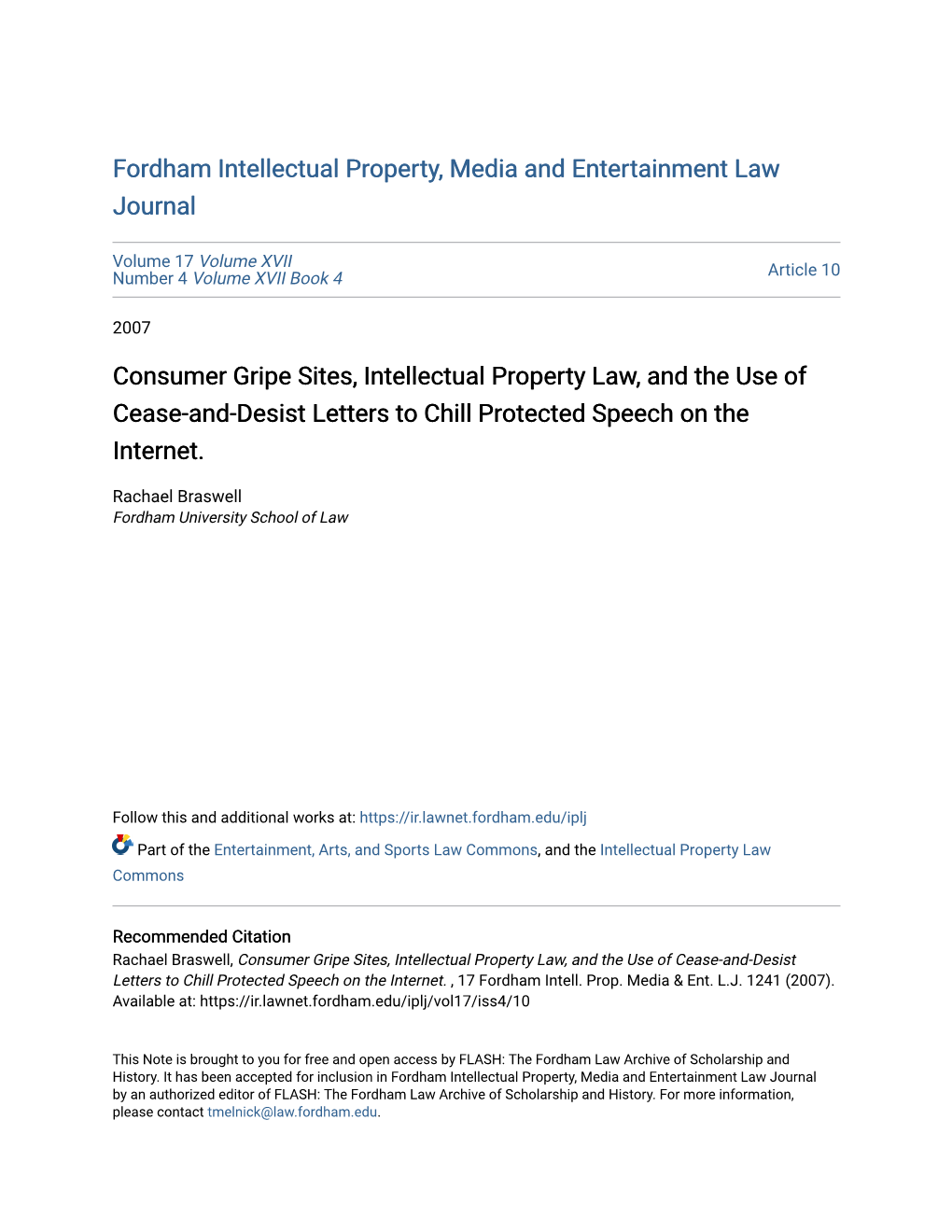 Consumer Gripe Sites, Intellectual Property Law, and the Use of Cease-And-Desist Letters to Chill Protected Speech on the Internet