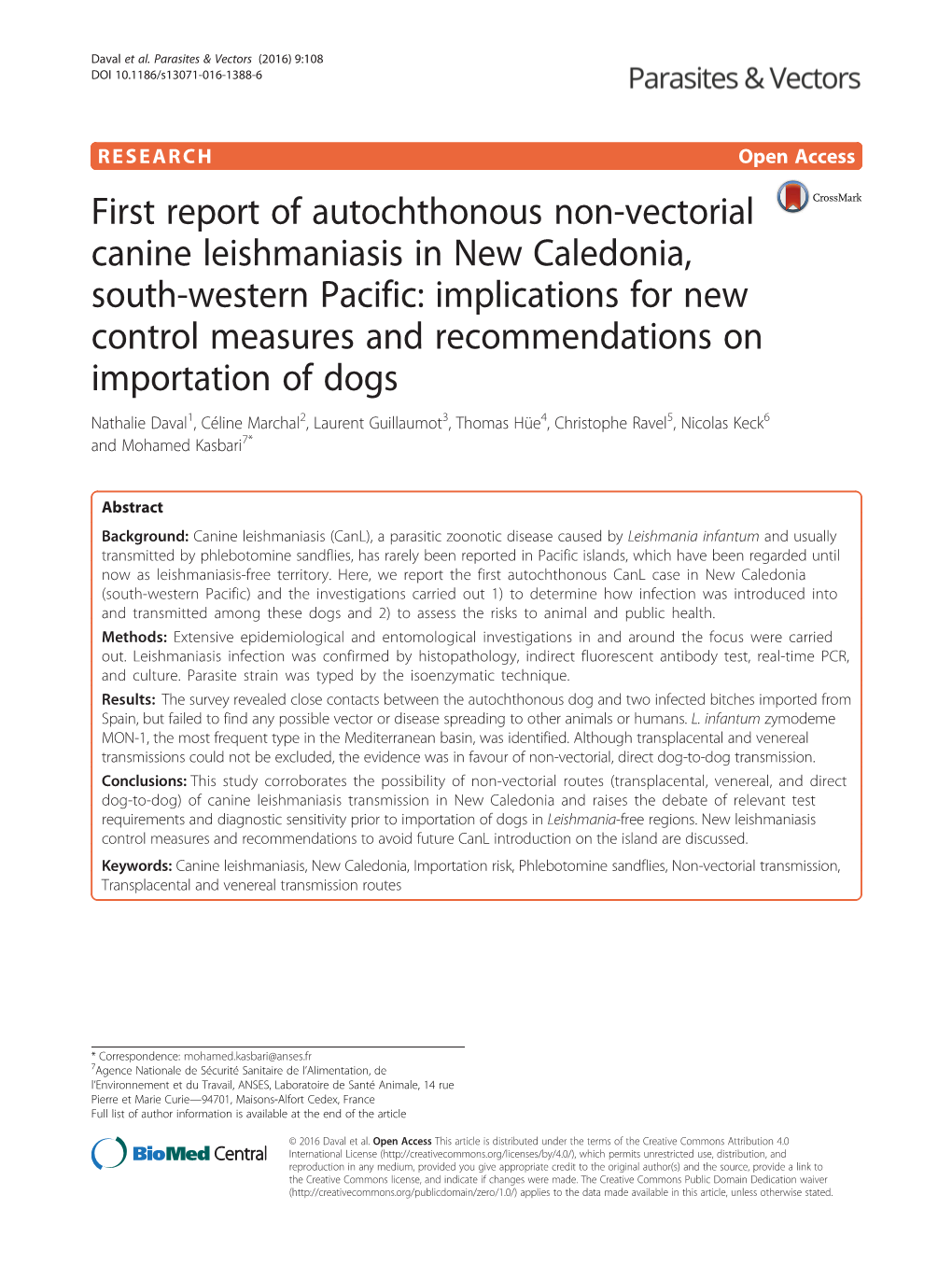 First Report of Autochthonous Non-Vectorial Canine Leishmaniasis