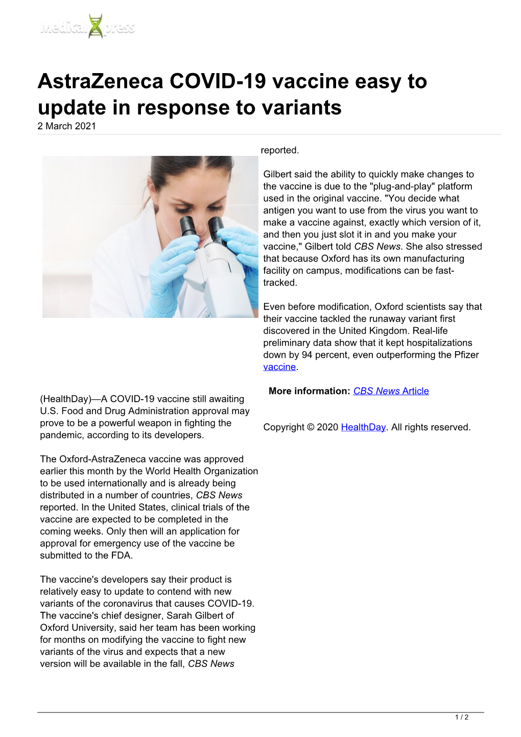 Astrazeneca COVID-19 Vaccine Easy to Update in Response to Variants 2 March 2021