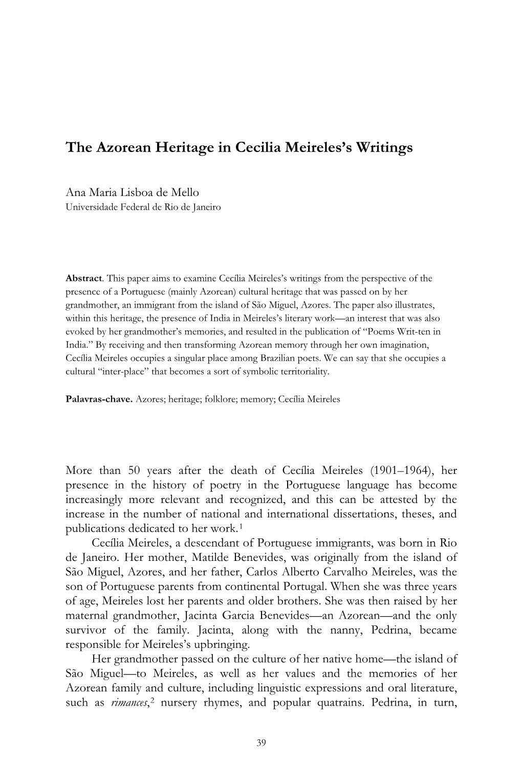 The Azorean Heritage in Cecilia Meireles's Writings