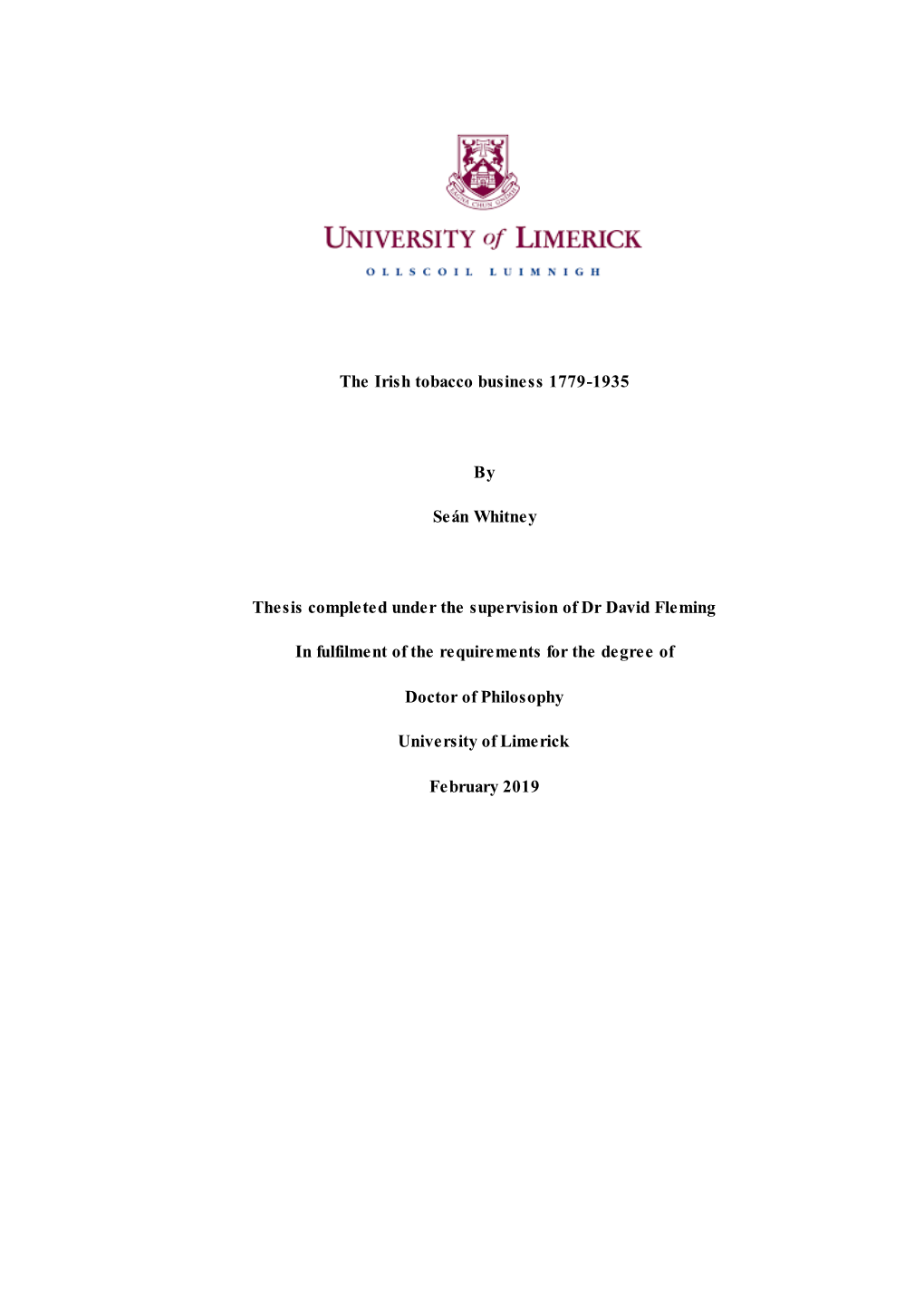 The Irish Tobacco Business 1779-1935 by Seán Whitney Thesis