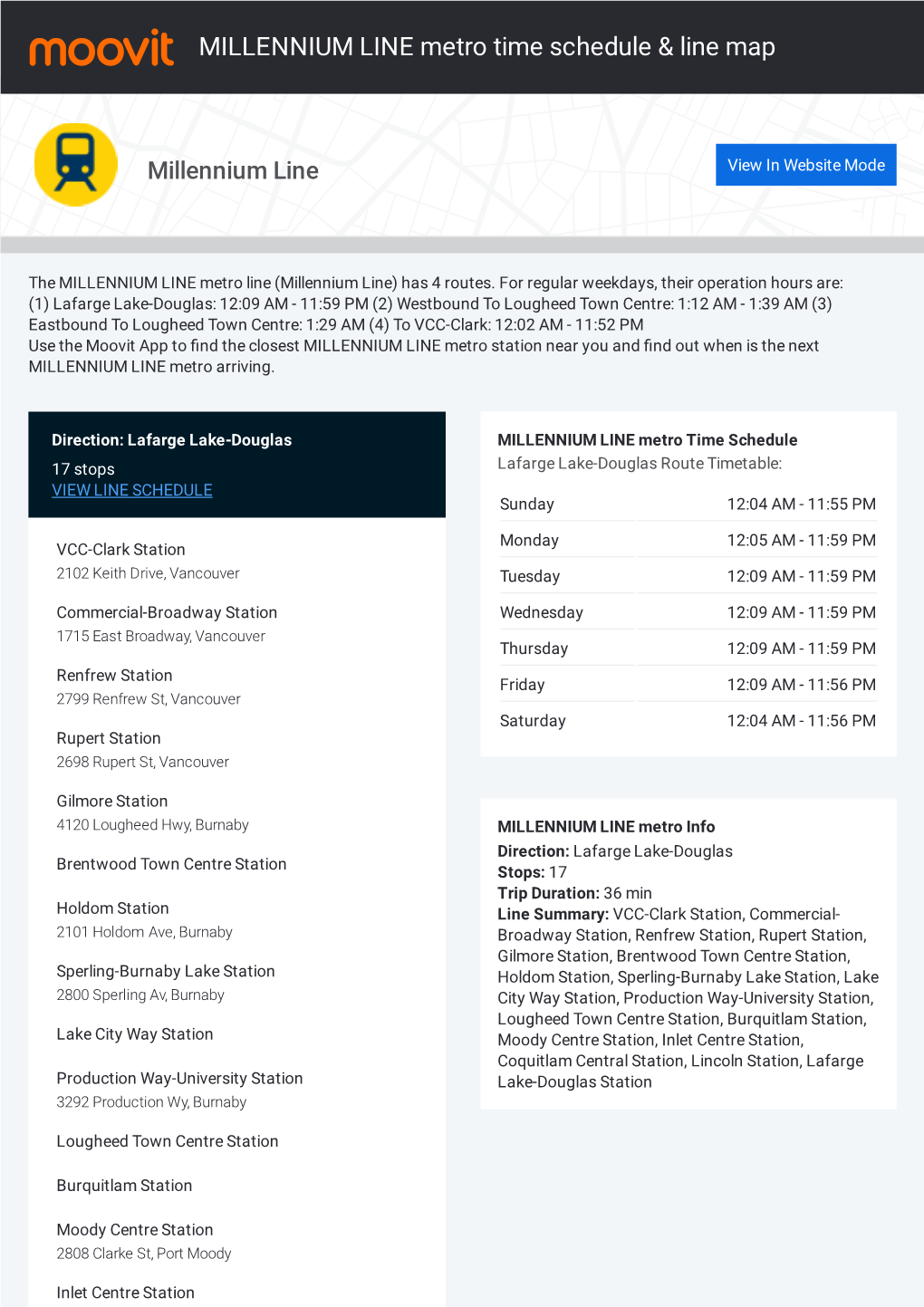 MILLENNIUM LINE Metro Time Schedule & Line Route