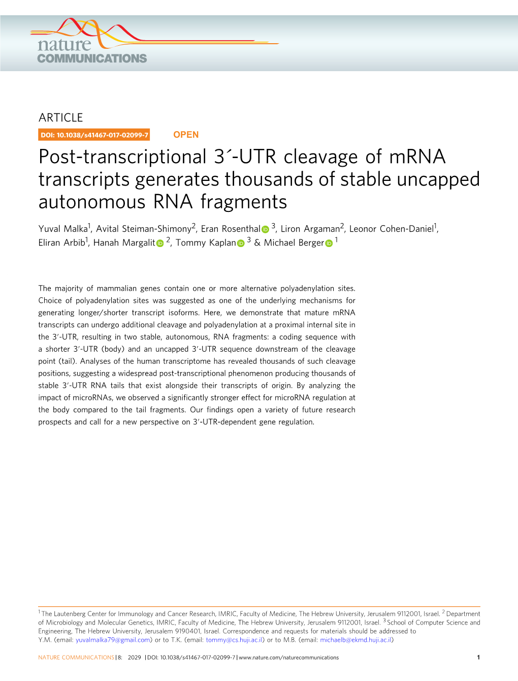 UTR Cleavage of Mrna Transcripts Generates Thousands of Stable Uncapped Autonomous RNA Fragments