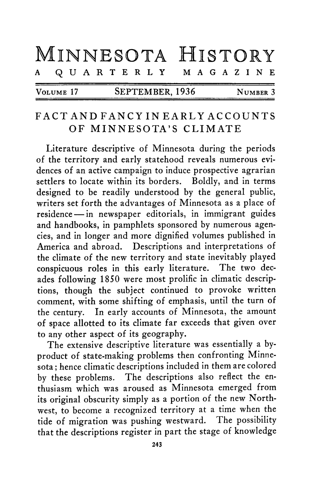 Fact and Fancy in Early Accounts of Minnesota's Climate