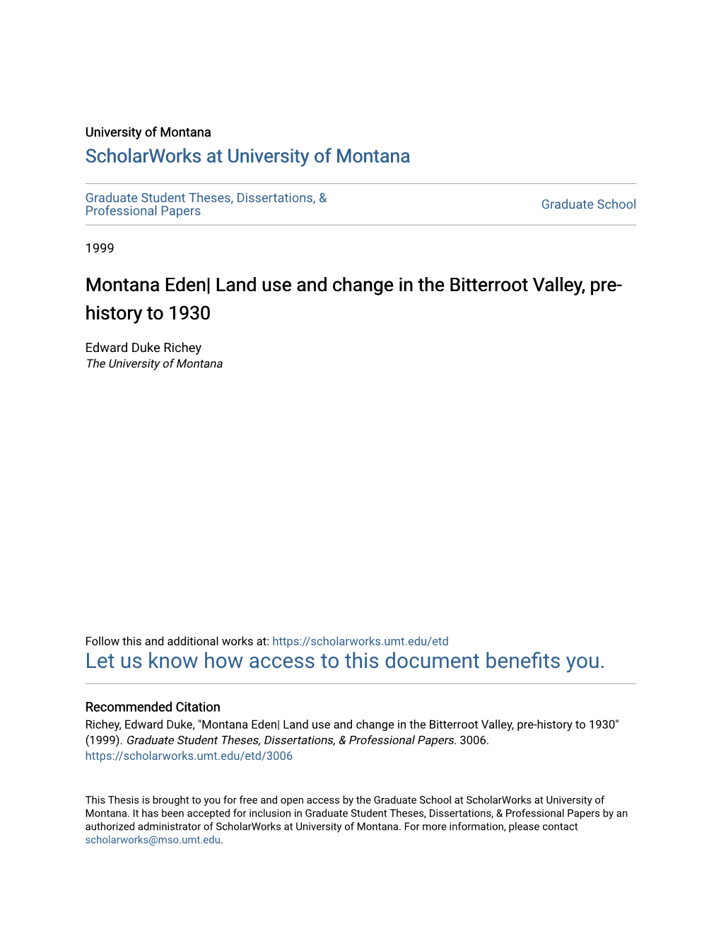 Land Use and Change in the Bitterroot Valley, Pre-History to 1930