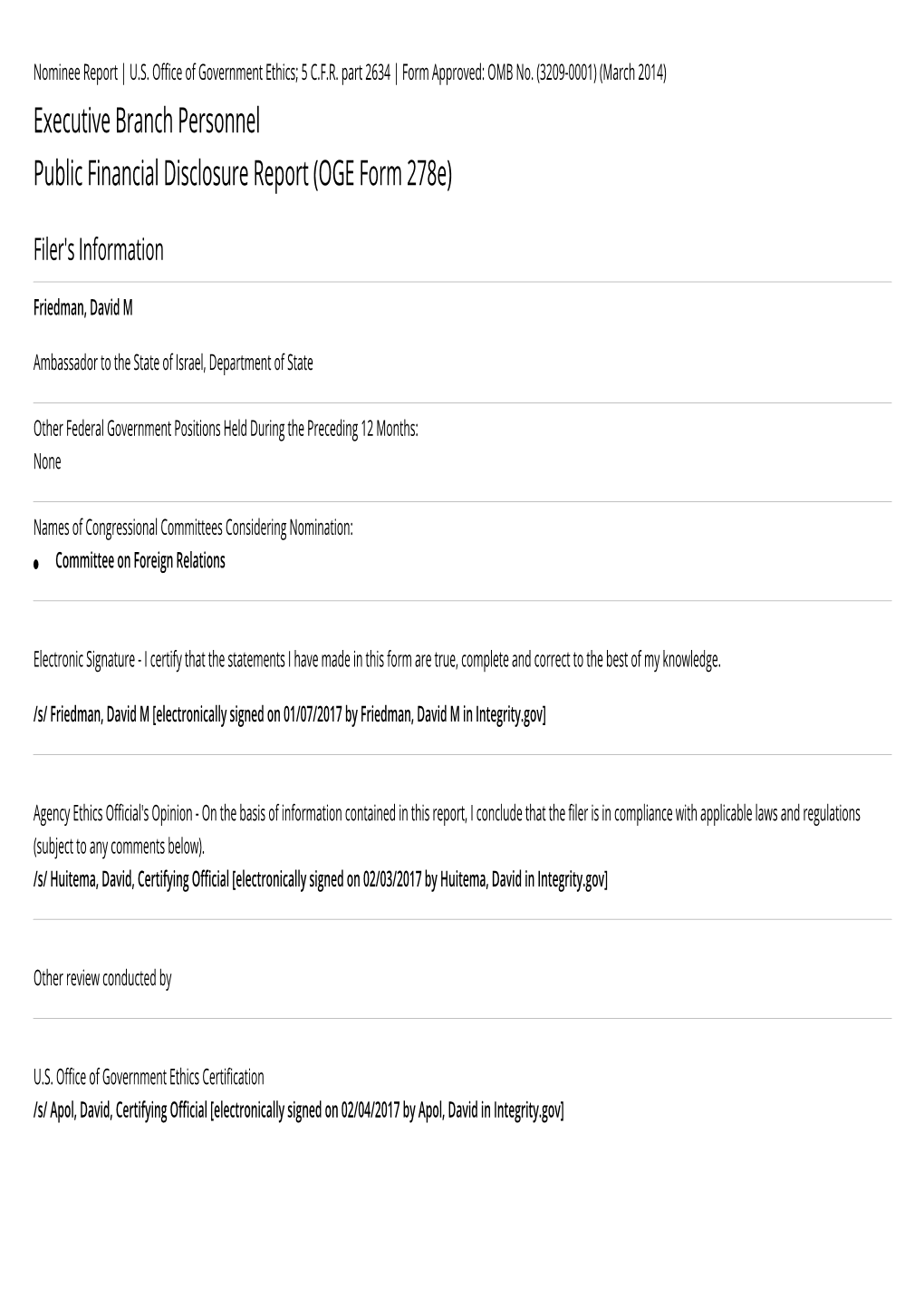 Financial Disclosure Report (OGE Form 278E)