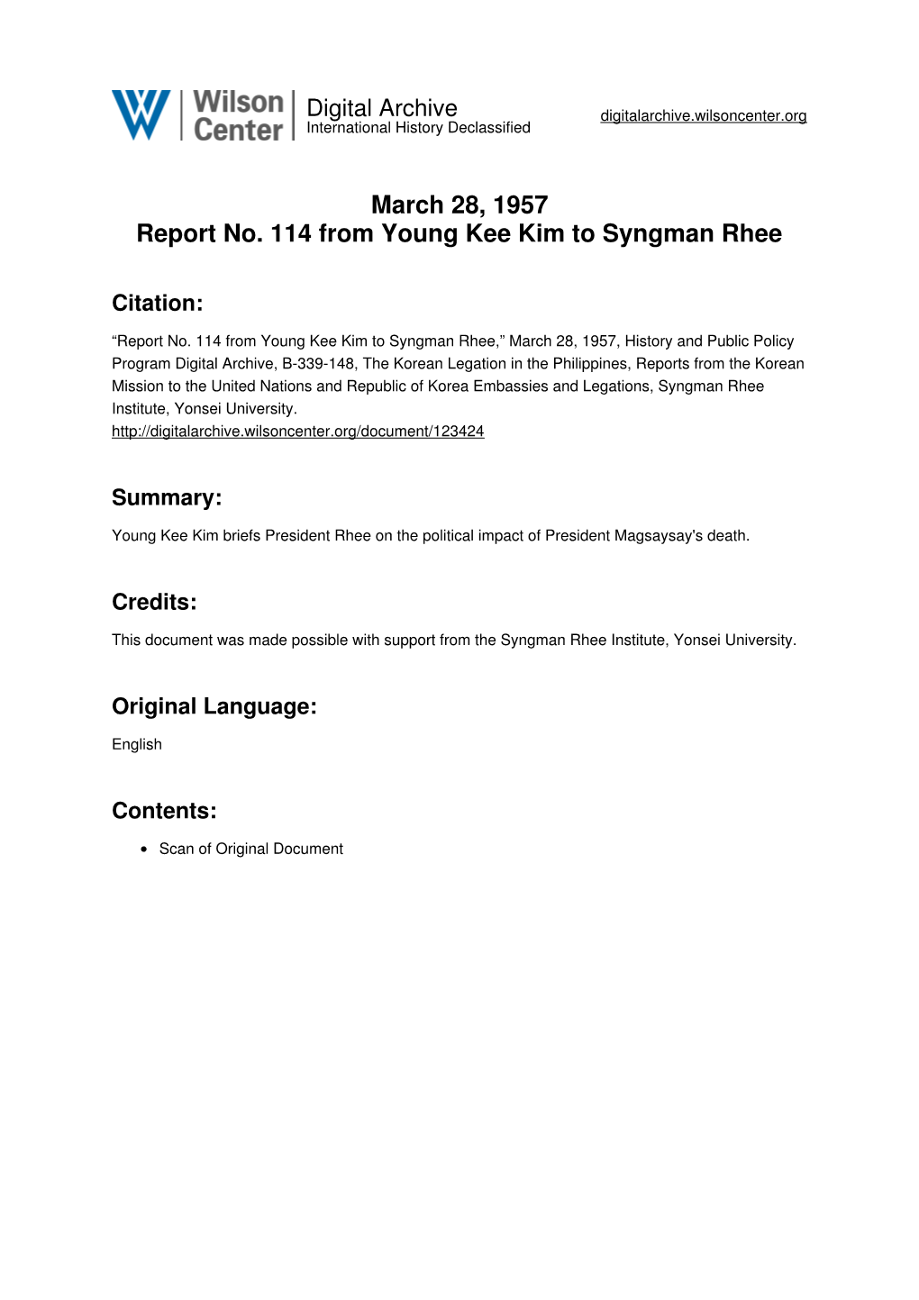 March 28, 1957 Report No. 114 from Young Kee Kim to Syngman Rhee