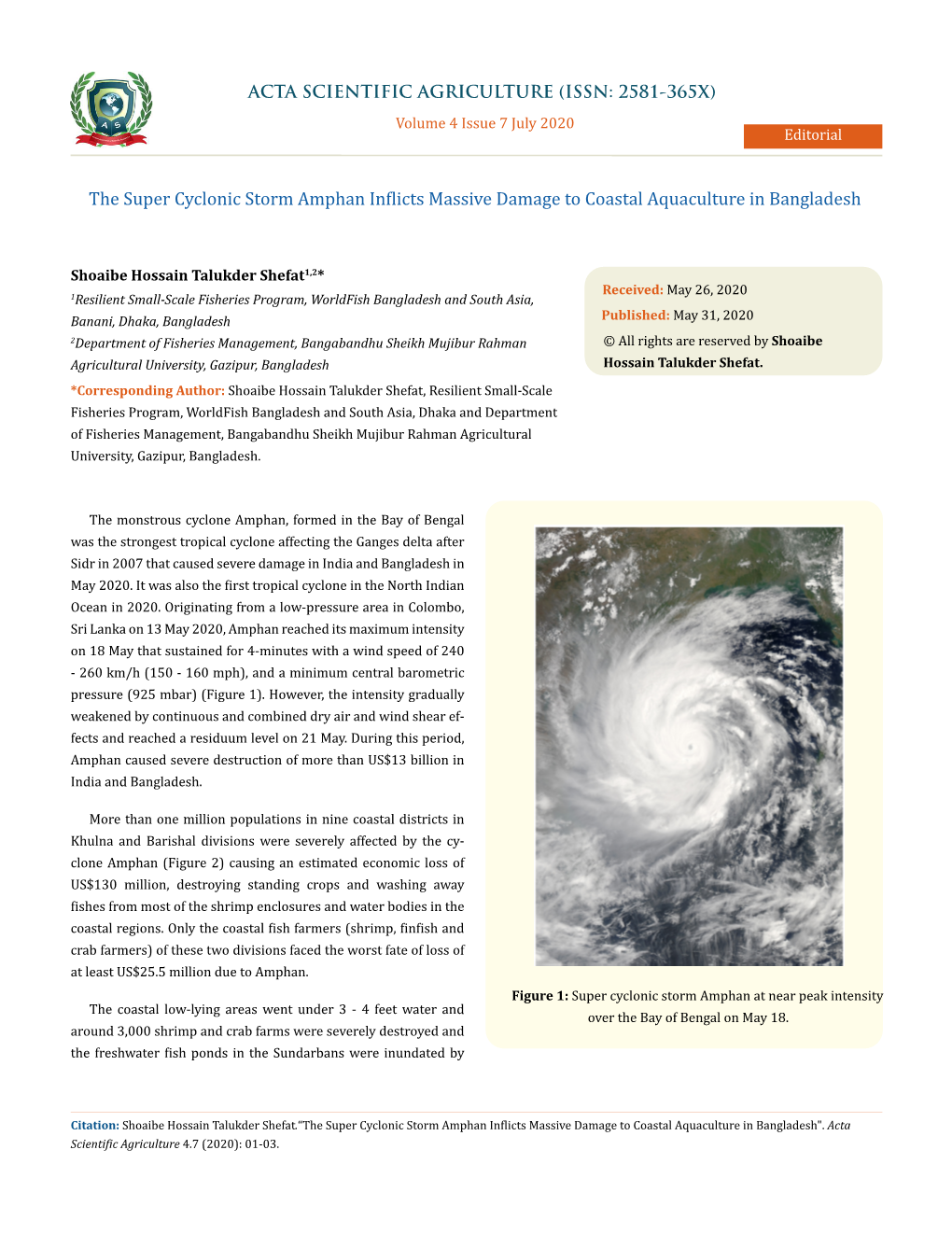 The Super Cyclonic Storm Amphan Inflicts Massive Damage to Coastal Aquaculture in Bangladesh