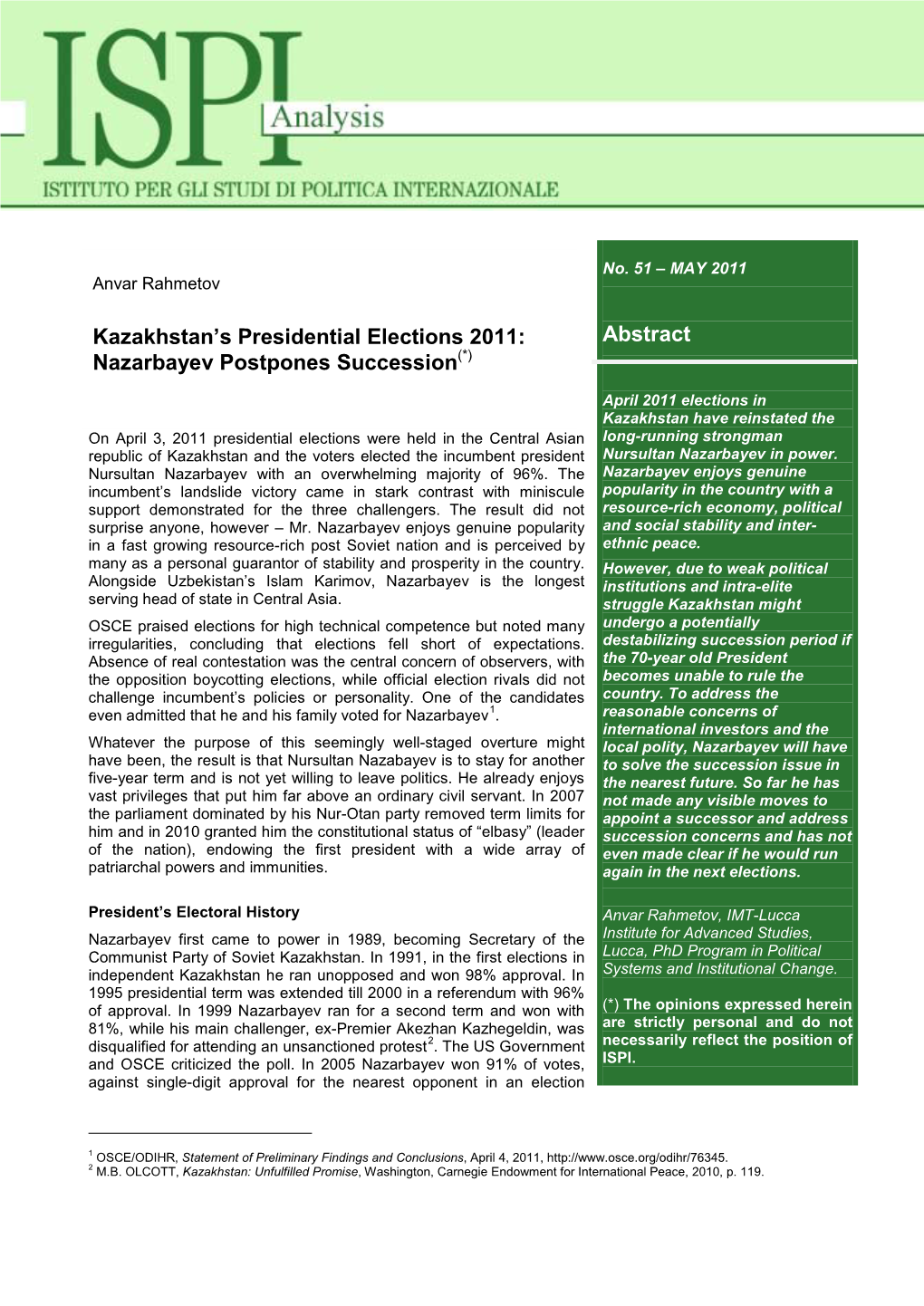 Abstract Kazakhstan's Presidential Elections 2011: Nazarbayev