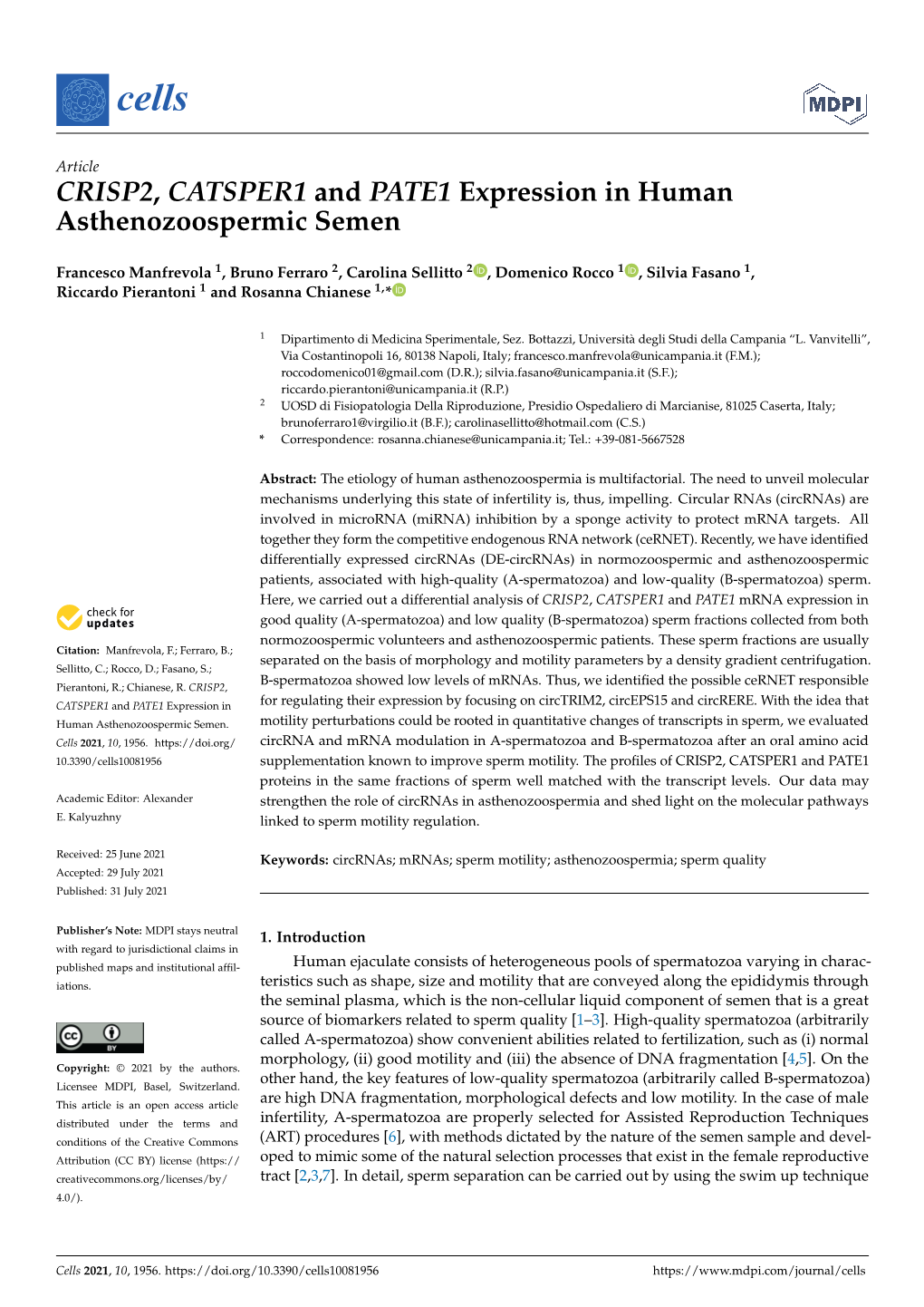 CRISP2, CATSPER1 and PATE1 Expression in Human Asthenozoospermic Semen