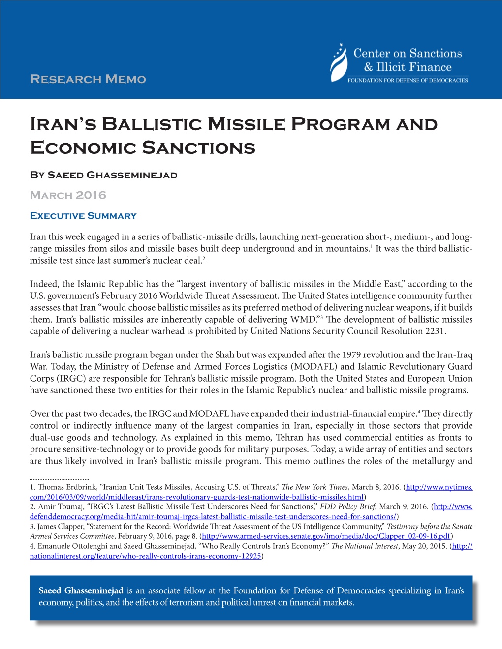 Iran's Ballistic Missile Program and Economic Sanctions