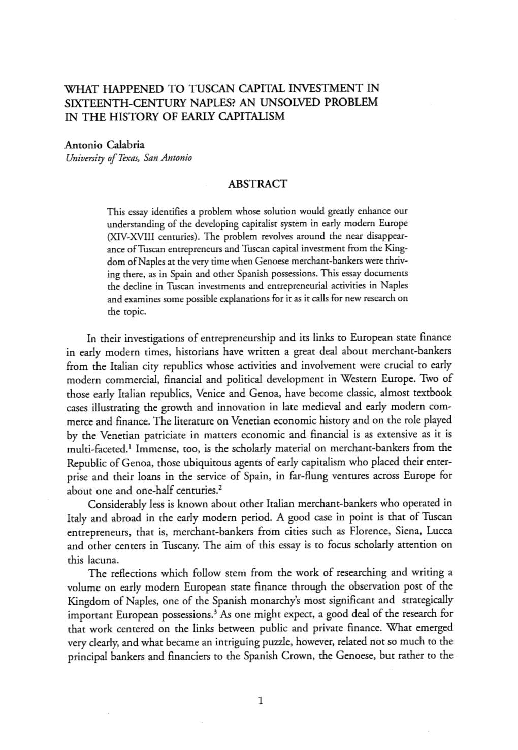 What Happened to Tuscan Capital Investment in Sixteenth-Century Naples? an Unsolved Problem in the History of Early Capitalism