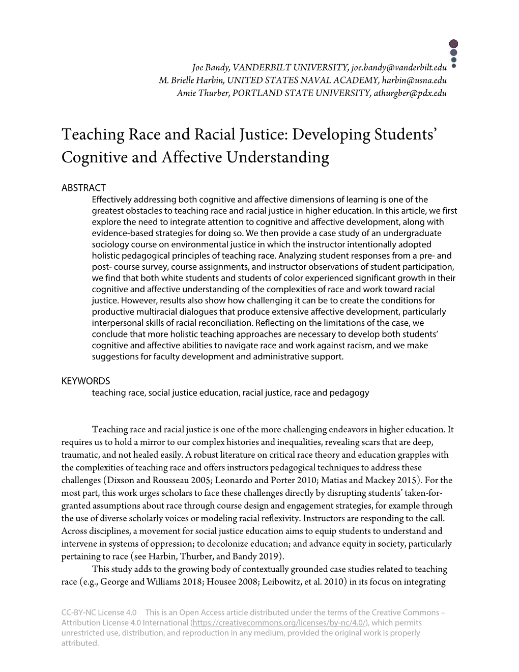 Teaching Race and Racial Justice: Developing Students’ Cognitive and Affective Understanding