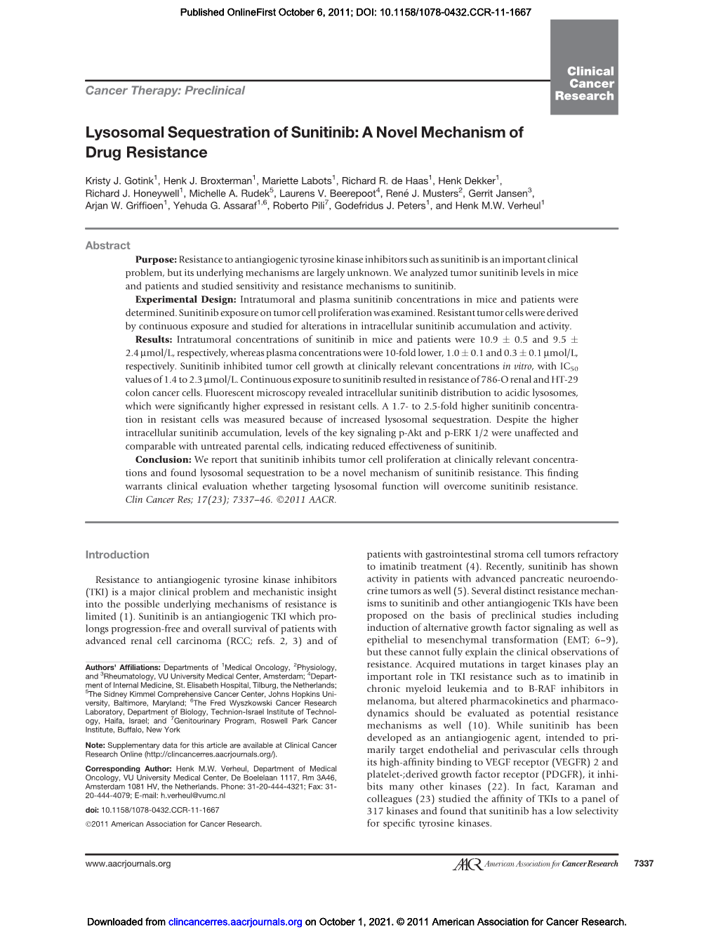 Lysosomal Sequestration of Sunitinib: a Novel Mechanism of Drug Resistance