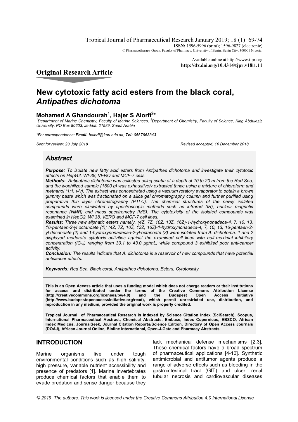 New Cytotoxic Fatty Acid Esters from the Black Coral, Antipathes Dichotoma